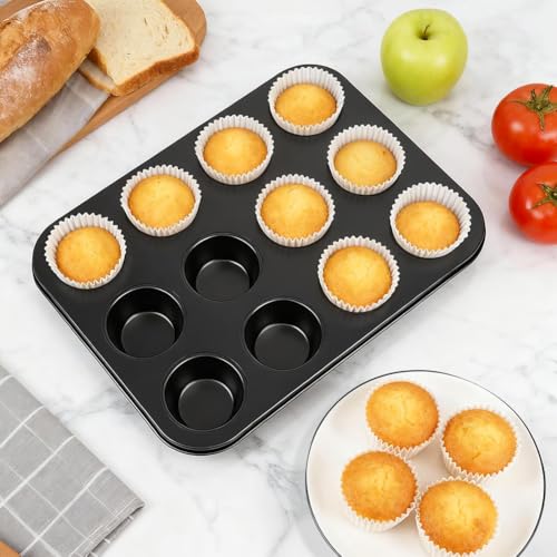 Smile Tree Muffin Pan & Cupcake Pan, 2 Pack 12-Cup Muffin Tin for Baking with 120 Cupcake Liners, Nonstick Heavy Duty Carbon Steel Cupcake Tins, Scratch Resistant Baking Pans Set for Family & Party