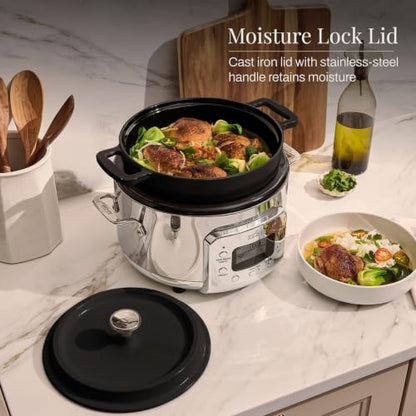 All-Clad 5 Quart 7-in-1 Electric Slow Cooker with Stainless Steel and Cast Iron, 1200W - Black Enamel Crock