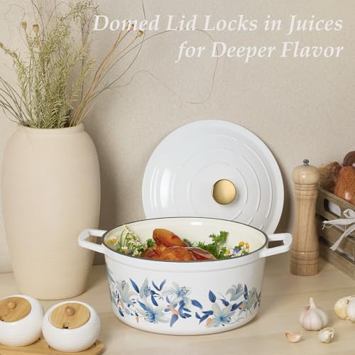 CAROTE 7QT Cast Iron Dutch Oven Pot with Lid, Enameled Floral Dutch Ovens with Cotton Potholders & Oven Gloves, Versatile Heavy-Duty Cookware for Sourdough Bread Baking, Braising, Stews, All Stovetop Compatible, Oven Safe up to 500° F, White & Blue