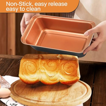 Barlket Baking Pans Set 6-Pieces, Non Stick Bakeware Set Stackable, with Cookie Sheet, Muffin, Round/Square Cake Pan, Loaf Pan, Rack, Oven Mitt for Home Baker, Gold
