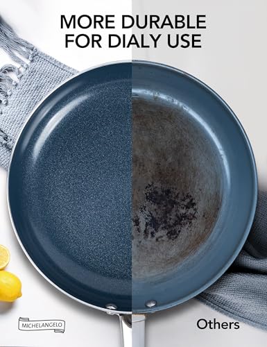 MICHELANGELO Small Frying Pan - 8 Inch Nonstick Frying Pan with Lid, Non-Toxic Omelette Pan with Stainless Handle, Nonstick Skillet, Blue-Ceramic
