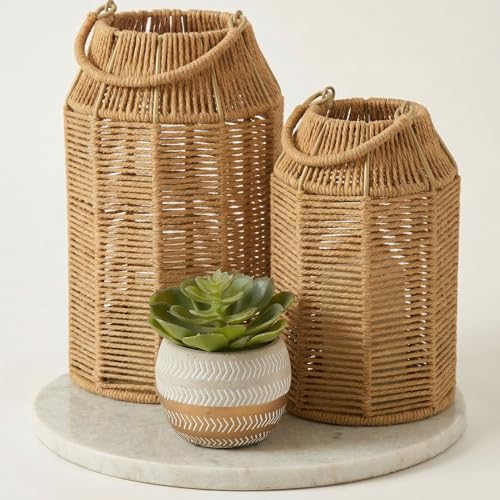 Natural Jute Boho Lanterns - Handcrafted Coffee Table Decor to Enhance Your Home - Modern Decorative Farmhouse Beauty for Living Room, Patio & Front Porch, Indoor and Outdoor or Kitchen Dining Table