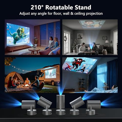 Portable Projector with Built-in Battery for Outdoor & Travel, Mini Projector with WiFi and Bluetooth, 1080P Supported, Electric Focus, Auto Keystone, 210° Rotatable Stand Home Theater( Iron Gray)