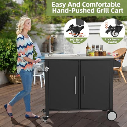 ahomrt Outdoor Grill Table with Sink, Grill Cart with 304 Stainless Steel Sink and Cabinet, Outdoor Grill Cart,Outdoor Cart Sink Station with Wheels, L38” x W18” x H35”