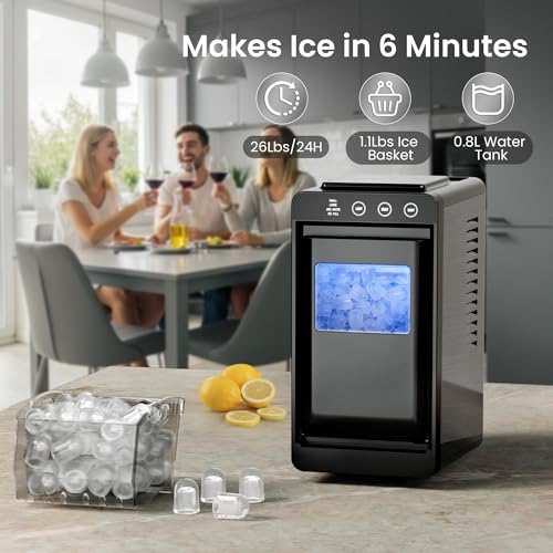 Kismile Portable Countertop Ice Maker Machine, 26lbs Ice in 24Hrs, Self-Cleaning Ice Maker with Selectable Ice Size & Internal Light, Compact Design for Home/Kitchen/RV