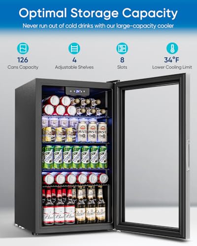 Feelfunn Beverage Refrigerator Cooler - 126 Can Mini Fridge Glass Door for Drinks Soda Beer Wine - Small Refrigerator for Office Bedroom Home Bar, 4 Adjustable Shelves, 3.2 Cu.Ft, Silver