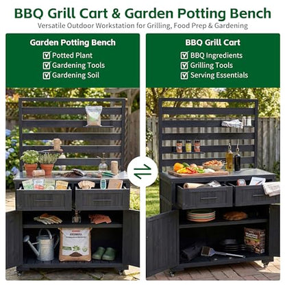 Oevsld 64.9" Farmhouse Wood Outdoor Cabinet with Stainless Steel Tabletop, Large Kitchen Island on Wheels with Hutch, Prep Station for Big Green Egg, BBQ Grill Table & Garden Work Bench
