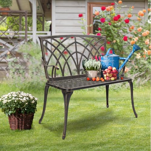 VINGLI 38" Outdoor Metal Bench, Cast Aluminium Garden Bench, Weatherproof Antique Finish Orchid Chair, 1-2 Person Seat Deck Furniture for Porch Entryway Patio (Brown)