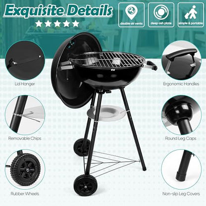 HaSteeL 18 Inch Charcoal Grill, Black Kettle Outdoor Barbecue Grill, 2-In-1 Portable BBQ Grill with Wheels for Camping Backyard Patio Picnic, Porcelain-Enameled Lid & Fire Bowl, 254.SQ.IN Cooking Area