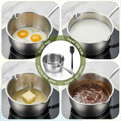 Stainless Steel Butter Warmer Pan 25 Ounce Mini Butter Melting Pot with Scraper Kitchen Induction Milk Pot Saucepan with Dual Pour Spout for Milk, Coffee, and Melting Chocolate, 750ml/0.8 Quart