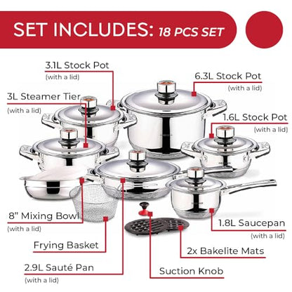 Swiss Inox 18-Piece Stainless Steel Cookware Set, Includes Induction Compatible Fry Pots, Pans, Saucepan, Casserole
