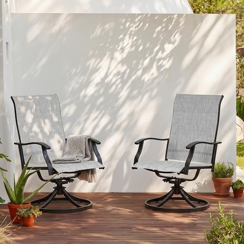 NUU GARDEN 2-Piece Patio Swivel Dining Chairs, 360° Rotation and 15° Rocking, All-Weather Textilene High-Back Chairs, Light Gray