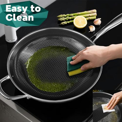 Wok Pan, 13-Inch Stainless Steel Woks & Stir-Fry Pans Nonstick, Wok Pan with Lid for Induction, Hybrid，Electric, Gas, Halogen, All Stoves, Professional PFOA Free Cookware, Dishwasher & Fast Heat