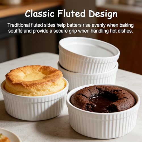 Cinf White 10 oz Set of 4 Souffle Dishes Ramekins Oven Microwave Safe Bowls Creme Brulee Sauce Cups for Baking Cooking Porcelain Individual Serving Size for Desserts