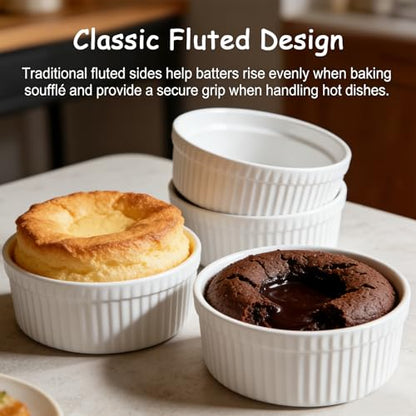 Cinf White 10 oz Set of 4 Souffle Dishes Ramekins Oven Microwave Safe Bowls Creme Brulee Sauce Cups for Baking Cooking Porcelain Individual Serving Size for Desserts