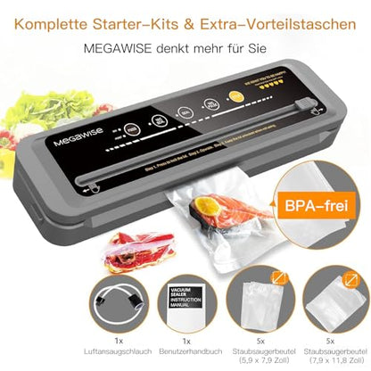 MegaWise Food Vacuum Sealer Machine – High-Power 80kPa Suction, One-Touch Operation, Built-in Cutter – Works with All Food Types, Includes Bags & Hose (Black), Keeps Food Fresh 5x Longer