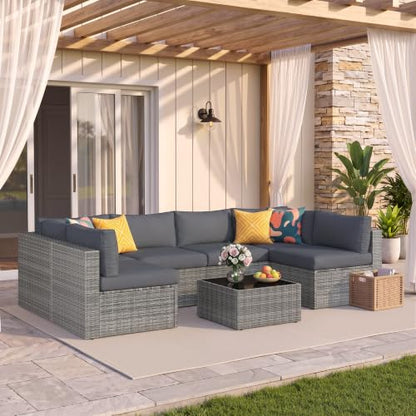 7 Pieces Wicker Patio Furniture Set - Patio Sofa and Chair for All Weather