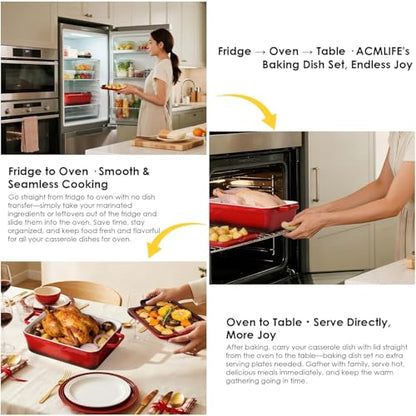 ACMLIFE Ceramic Casserole Dishes with Lids, Baking Dish for Oven with Lid, Stoneware Rectangular Dish 4 Pcs Set, Red 2-in-1 Bakeware Set (13"x8"+8"x6"), Large 3.06 Qt & Small 0.95 Qt Ceramic Bakeware, Casserole Dishes for Oven Baking Pan with Handles, Ide
