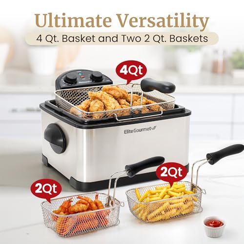 Elite Gourmet EDF-401TX 1700-Watt Triple Basket Electric Deep Fryer with Timer and Temperature Knobs and Odor Free Filter, 4.2L, 18-Cup, Black