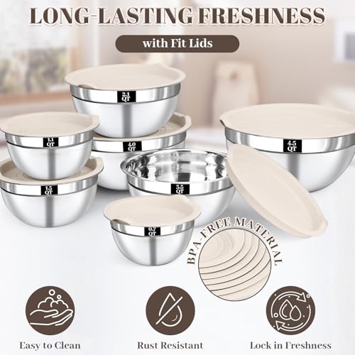 Boskermeal Mixing Bowls with Lids Set - 7PCS Nesting Mixing Bowls, Lids, Stainless Steel Mixing Bowls for Mixing, Baking & Meal Prep, Dishwasher Safe, Size 0.7/1.1/1.5/2.1/3.5/4/4.5 QT, Khaki