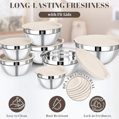 Boskermeal Mixing Bowls with Lids Set - 7PCS Nesting Mixing Bowls, Lids, Stainless Steel Mixing Bowls for Mixing, Baking & Meal Prep, Dishwasher Safe, Size 0.7/1.1/1.5/2.1/3.5/4/4.5 QT, Khaki