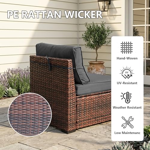 Decksplore 7 Piece Outdoor Patio Furniture Set, Rattan Weather-Resistant Outdoor Conversation Set, Outside Furniture Sectional Sofa Set with 4.3" Anti-Slip Cushions, Glass Table & Rain Cover, Gray