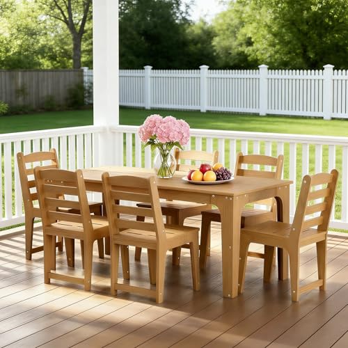 ACUEL HDPE Patio Dining Set for 6, 7 Pcs Outddor Table & Chairs, Teak Color