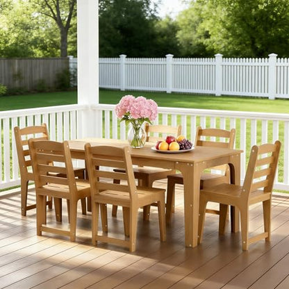 ACUEL HDPE Patio Dining Set for 6, 7 Pcs Outddor Table & Chairs, Teak Color