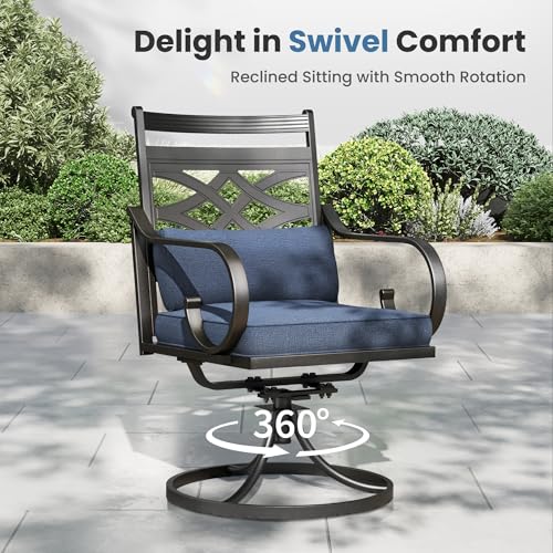 PHI VILLA 9 Pieces Outdoor Dining Set for 8, 60" Square Metal Table with Umbrella Hole & Wrought Iron Swivel Chairs, All Weather Outside Furniture with Blue Cushions & Pillows for Patio, Deck, Porch