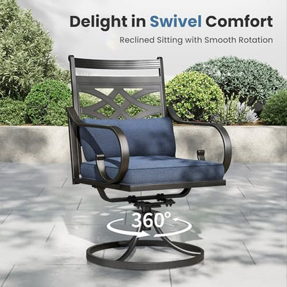 PHI VILLA 9 Pieces Outdoor Dining Set for 8, 60" Square Metal Table with Umbrella Hole & Wrought Iron Swivel Chairs, All Weather Outside Furniture with Blue Cushions & Pillows for Patio, Deck, Porch