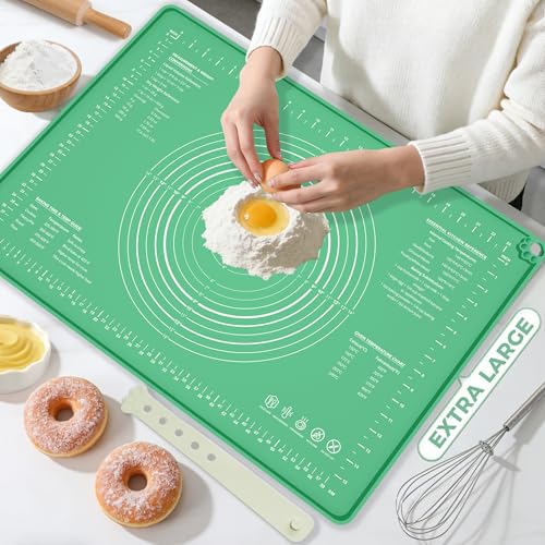 Extra Large Food Grade Platinum Silicone Pastry Mat 28 x 20, Non-Slip Non-Stick Baking Mat for Rolling Dough with 5mm Raised Edge, Measurements & Baking Guide for Bread, Pizza, Pie & Sourdough