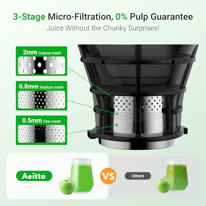 Aeitto Juicer Machines - 5.3" Large Mouth Feed Chute For Fruits & Vegetable & Leafy Greens Juice Press - Cold Press Juicer Machines With Self Feeding & Hands-Free - Juicer Easy to Clean & Assemble