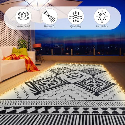 DiiKoo Waterproof Outdoor Rug Mat for Patio, Waterproof Plastic Straw Rugs for Patio RV Camping Picnic Balcony, Boho3 LED3 (Black&White)/8x10ft with LED Lights