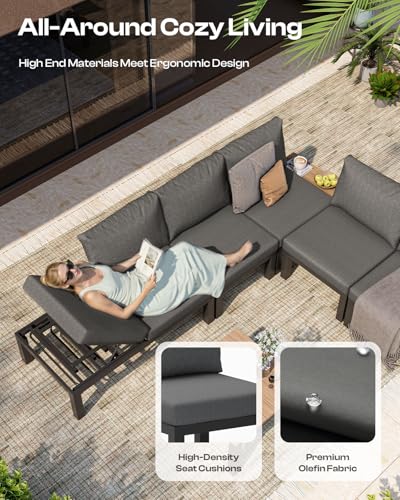 Oasbira Aluminum Modular Outdoor Patio Furniture Set, 8 Seats Sectional Sofa Set with Adjustable Backrest & Thick Cushions, All-Weather L-Shaped Corner Set with Table for Garden & Yard, Graphite