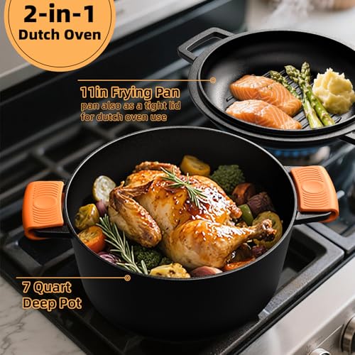 2-in-1 Pre-Seasoned Cast Iron Double Dutch Oven Pot with Skillet Lid & Silicone Sleeves – Raised Rib Skillet Lid– Umite Chef 7QT Cast Iron Skillet Cookware Pan Set wirh Dual Handles – Oven, Grill, Campfire & Stovetop Safe –PFAS-Free