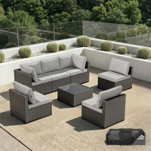 LAWNOOK Patio Furniture Set - All-Weather - 7 Piece Patio Outdoor Conversation Set, Modular Wicker Rattan Sectional Sofa for Backyard, Garden, Poolside, Balcony, Porch, Patio,Black/Light Gray