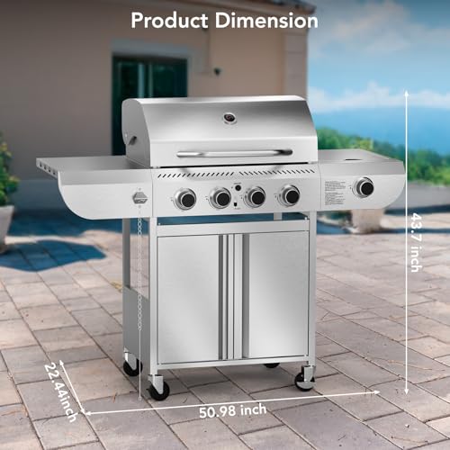 Electactic G41 Pro BBQ Grill,Heavy-Duty Stainless Steel Gas Grill, 4 Burner Gas Grill with Side Burner,42000 BTU Propane Grill for Outdoor Cooking,Barbecue,Garden and Patio Backyard