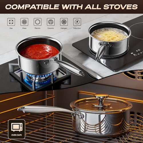 ZEROPAN 1 Quart Stainless Steel Saucepan with Glass Lid,6 Inch Hybrid Nonstick Sauce Pan,PFAS PFOA PTFE Free,Stay-Cool Handle,Dishwasher-Friendly,Oven-Safe,Small Pots Compatible with All Cooktops