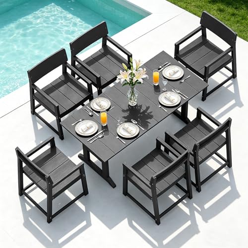 Shintenchi 7 Pieces Outdoor Dining Set,HDPE Outdoor Table and Chairs Set for 6,All Weather Patio Furniture Sets with Umbrella Hole,Modern Wooden Textured Dining Sets for Backyard,Garden,Black