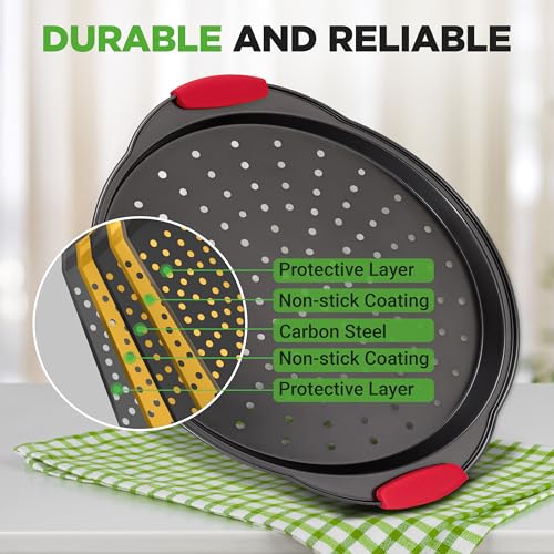 NutriChef 13-Inch Nonstick Pizza Tray - Round Carbon Steel Non-Stick Pizza Pan with Perforated Holes, Premium Bakeware Pizza Screen with Silicone Grip Handles, Dishwasher Safe - NCBPIZ1