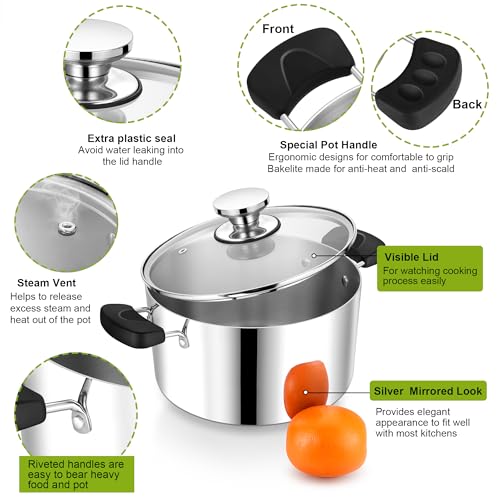 5 Quart 3-Ply Cooking Stock Pot with Lid, P&P CHEF Stainless Steel Large Pot for Pasta Soup, Work on Multi Stove, Heavy Duty & Dishwasher Safe, Dual Heat-resistant Handles & Transparent Glass Lid