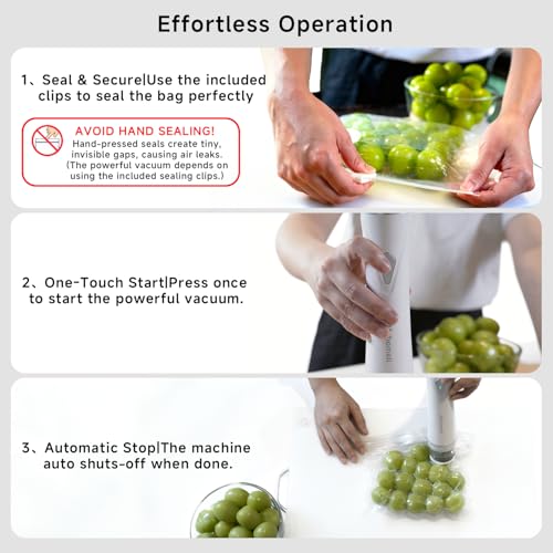 Mehomeli Compact Vacuum Sealer for Food (Vacuum Sealer Machine + 30 Reusable Vacuum Bags), Powerful Handheld Vacuum Sealer Machine, Seal Food 6X Fresh Longer, Portable & Wireless, Easy-Clean