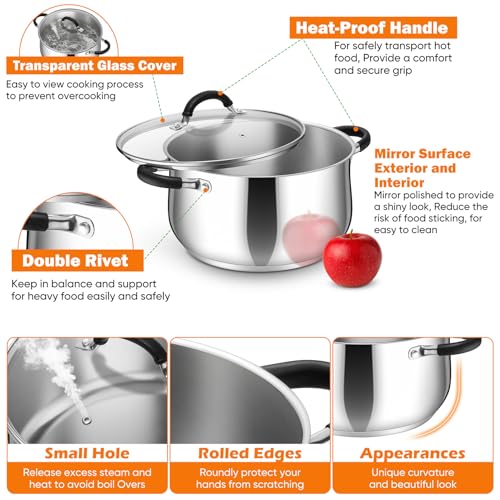 P&P CHEF Stainless Steel Stock Pot, 6 Qt Cooking Soup Pot with Visible Lid for Pasta, Tri-Ply Bottom & Dual Heatproof Handles, For Induction Gas All Stoves, Non-Toxic & Dishwasher Safe