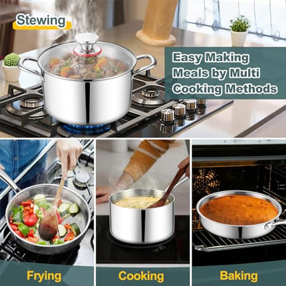 P&P CHEF 3-Ply Stainless Steel Cookware Set of 6, 10-Pieces Pots and Pans Sets Stainless Steel for Kitchen, Induction Multi Cooktops & Oven, Dishwasher Safe, Frying Pans, Saucepans, Saute Pan & Pot