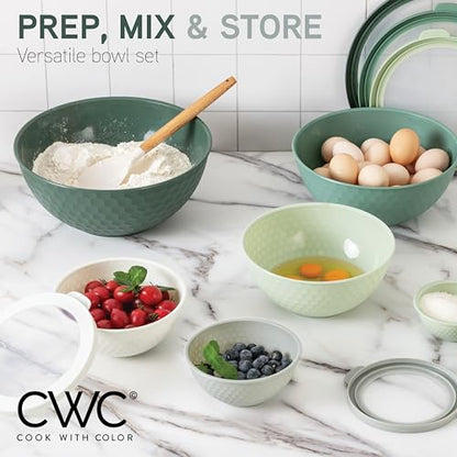 COOK WITH COLOR Mixing Bowls with Lids - 12 Piece Plastic Nesting Bowls Set includes 6 Prep Bowls and 6 Lids, Microwave Safe Mixing Bowl Set, Sage Embossed