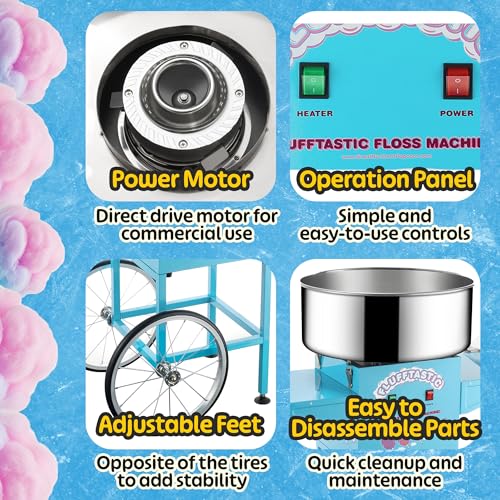 Cotton Candy Machine With Cart – 1000W Flufftastic Floss Maker With Stainless-Steel Pan, Side Trays, And 13in Wheels By Great Northern Popcorn (Blue)
