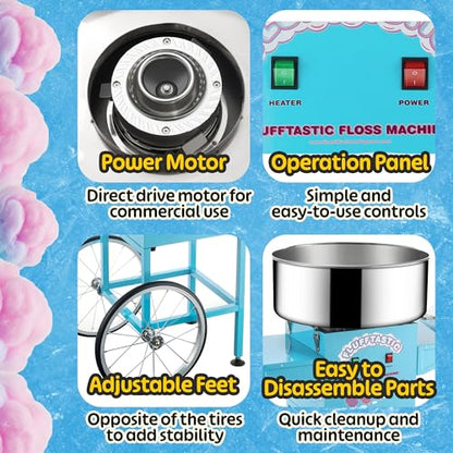 Cotton Candy Machine With Cart – 1000W Flufftastic Floss Maker With Stainless-Steel Pan, Side Trays, And 13in Wheels By Great Northern Popcorn (Blue)