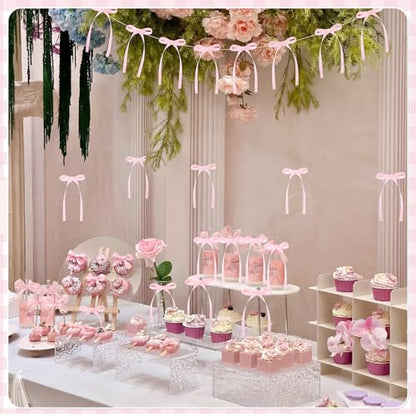 30 Pack Bow Cake Toppers Pink Ribbon Bows for Cake Coquette Themed Bow Cupcake Toppers Pink Bow Birthday Decorations for Baby Shower, Bridal, Engagement, Wedding, Bachelorette Party Decoration