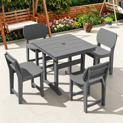 BIVODA 5-Piece HDPE Outdoor Dining Set, Weatherproof Patio Table and Chairs Set for 4, Includes 1 Square Table and 6 Armless Chairs, with Umbrella Hole (Grey)