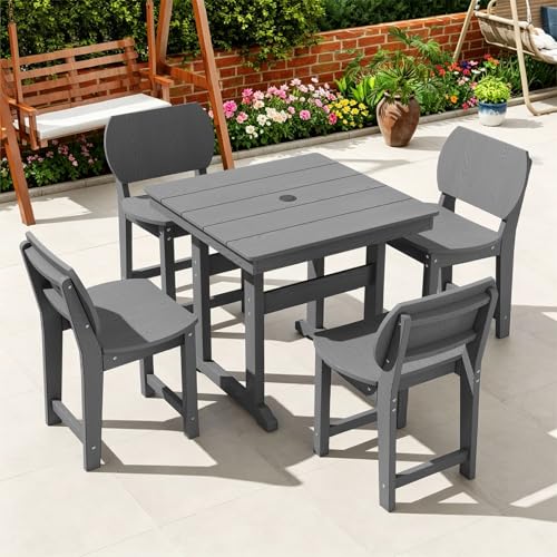 BIVODA 5-Piece HDPE Outdoor Dining Set, Weatherproof Patio Table and Chairs Set for 4, Includes 1 Square Table and 6 Armless Chairs, with Umbrella Hole (Grey)